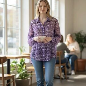 Princess Polly Janelle Purple Retro Floral Print Shirt Relaxed Fit Size 4 NWT